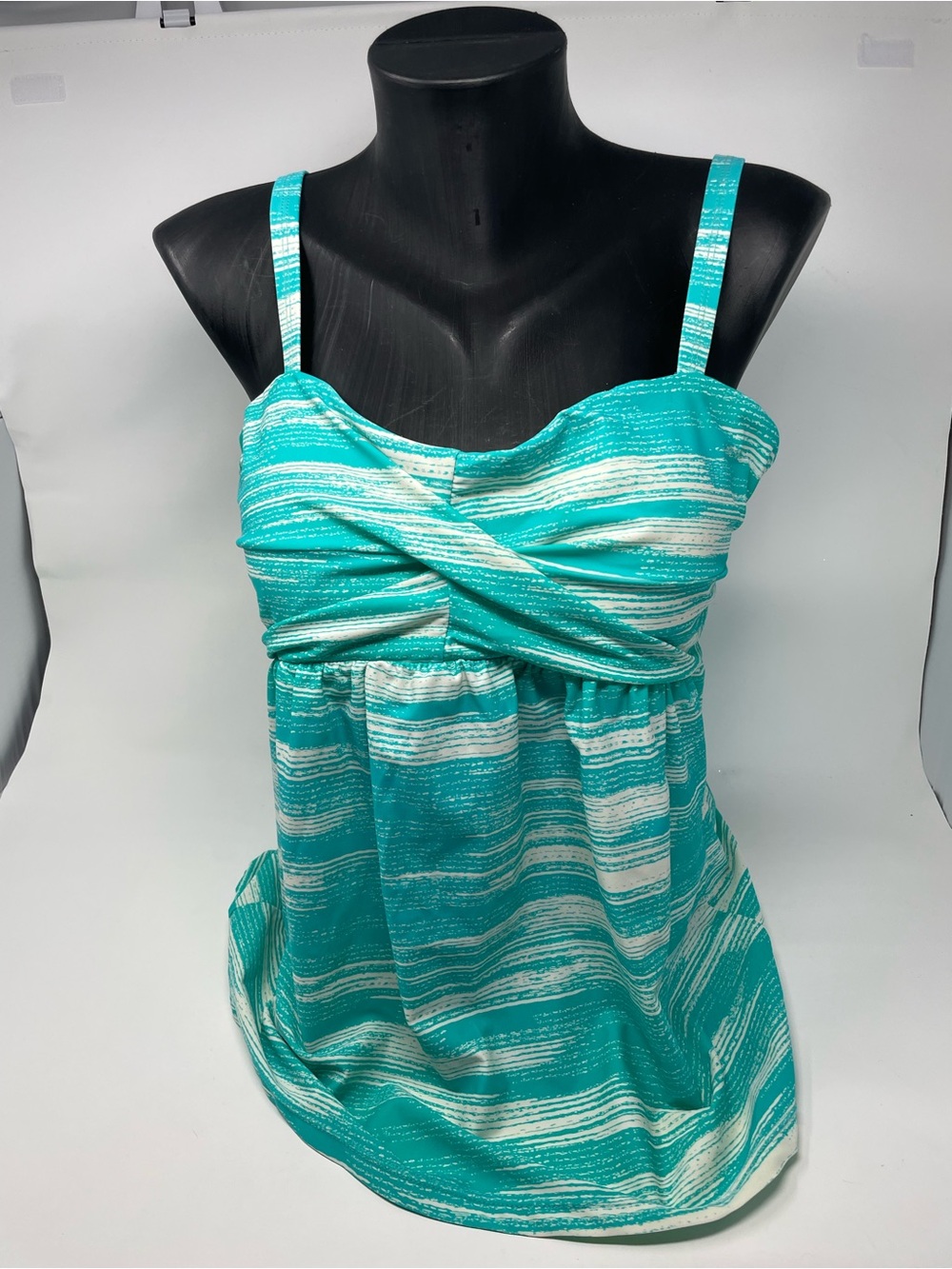 Turquoise Striped Twist-Front Tankini Swim.  Top